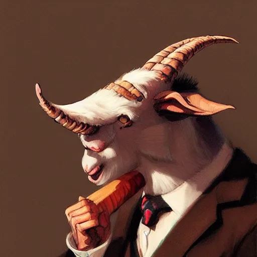 Image similar to award winning character art commission of an anthro furry humanoid goat smoking a cigar, three piece suit, character concept design, painting, detailed, vivid, trending on artstation, art by greg rutkowski