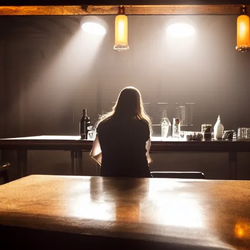 Image similar to a still of jesus sitting down on a stool at the bar, last call. it's dark and smoky. god rays through fog.