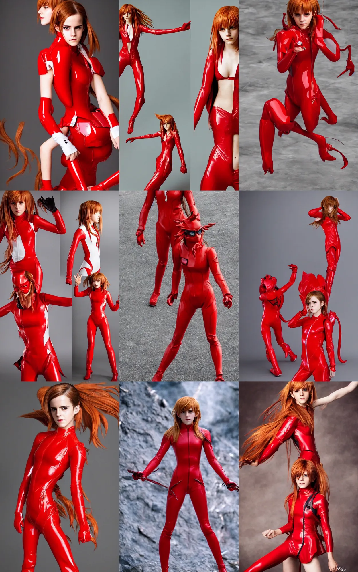 Prompt: Emma Watson cosplaying as Asuka Langley!!! in her signature red plugsuit , solo photoshoot , DSLR , wallpaper , cosplay , full body , cinematic 4K blu-ray , japanese live-action movie