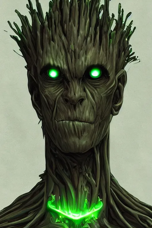 Prompt: human goth groot ; adult male 3 0 years ; glowing green eyes ; scientist ; friendly ; sharp facial features ; slender ; vampire ; wearing high tech armour ; robot ; trending on artstation ; high detail ; digital art