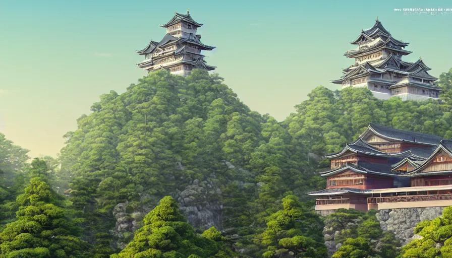 Prompt: A highly detailed matte painting of a large japanese castle, in the tall mountains, with matsu pine trees, with sakura cherry trees, by Studio Ghibli, Makoto Shinkai, by Artgerm, by beeple, volumetric lighting, octane render, 4K resolution, trending on artstation, masterpiece