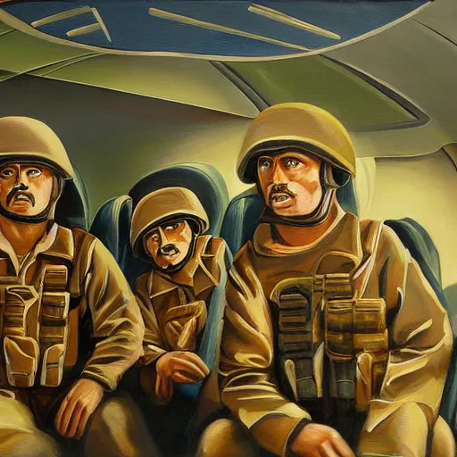 Image similar to an award winning painting of soldiers sitting inside a plane on their way to the battlefield, an emotionless look on their faces