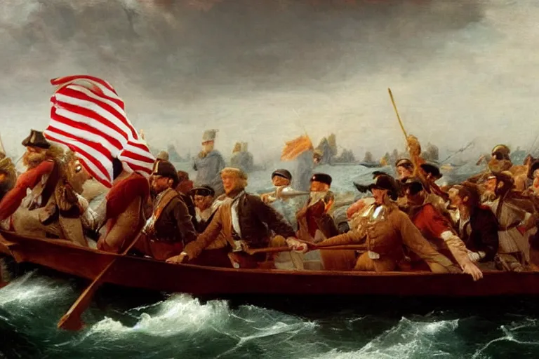 Image similar to Donald Trump crossing the delaware there is an arbys sign in the background by Emanuel Leutze