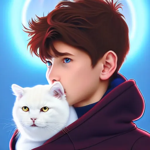 Image similar to teen boy with brown hair and big blue eyes, wearing a hoodie, holding a fluffy white persian cat, natural lighting, path traced, highly detailed, high quality, digital painting, by don bluth and ross tran and studio ghibli and alphonse mucha