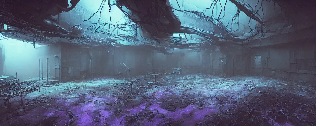 Prompt: Film still of a dimly lit corridor on an alien space ship, dark matte metal, floor grills, ventilation shafts, dusty, mist and smoke, purple and cyan lighting, water dripping, puddles, wet floor, rust, decay, vines, overgrown, alien plants, tilted camera angle, a mysterious creature in the distance, wide-angle lens vanishing point, year 3000, Cinestill colour cinematography, anamorphic, giger