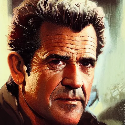 Prompt: portrait of Mel Gibson as Tony Montana, elegant, intricate, headshot, highly detailed, digital painting, artstation, concept art, sharp focus, illustration, art by artgerm and greg rutkowski and alphonse mucha