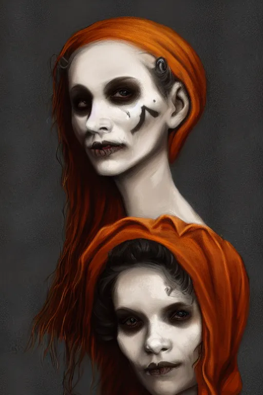 Prompt: women with pumpkin head in Victorian dress, misty, dark, moody, Victorian, wide shoot, cinematic, 35mm photography, Halloween, painting award winning artwork, realistic hair, artstation trend, high quality print, fine art with subtle redshift rendering