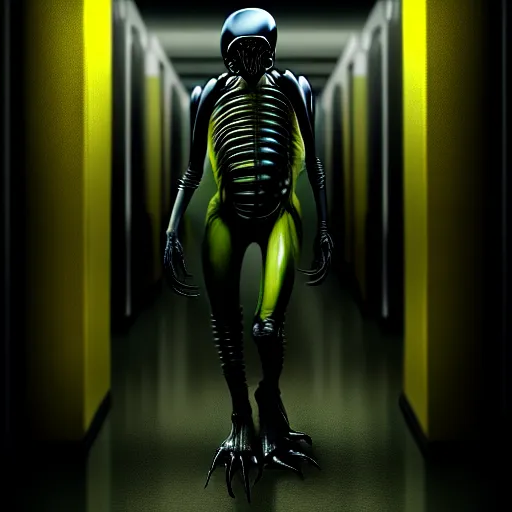 Prompt: black glossy xenomorph soldier, alien movie, endless empty office building, pale yellow wallpaper, moist brown carpet, dim fluorescent lighting, artstation, ultra detailed, creepy, dramatic lighting, photorealistic, art by h. r. giger