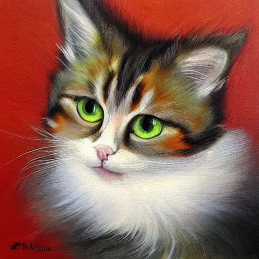 Image similar to oil painting of long - haired light and medium orange cat with green eyes, bushy tail, pointy ears, white whiskers, artistic, elegant,