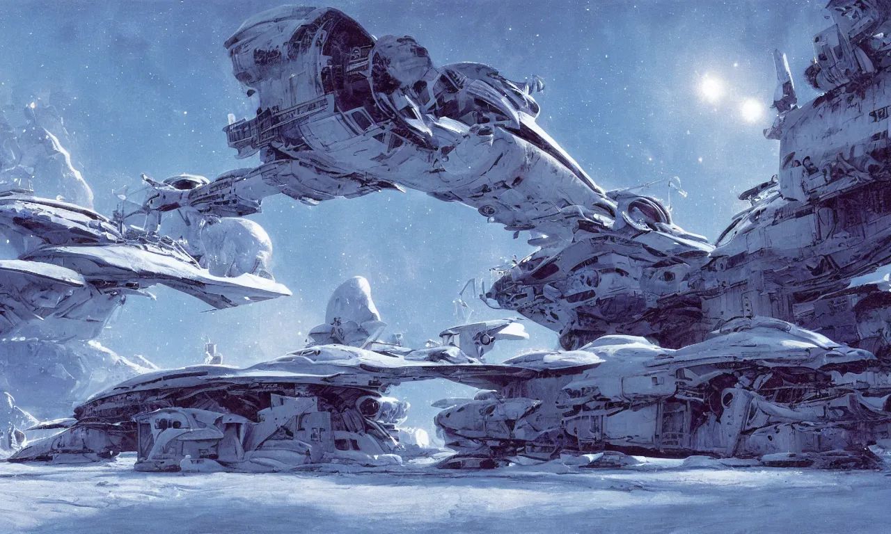 Image similar to remains of a derelict spaceship covered in snow on a frozen alien world, science-fiction, cinematic lighting, cinematic angle, Syd Mead, Federico Pelat, daylight, blue sky, spaceship in the sky