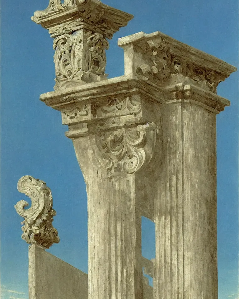 Image similar to achingly beautiful painting of intricate ancient roman ionic capital on a baby blue background by rene magritte, monet, and turner. giovanni battista piranesi.