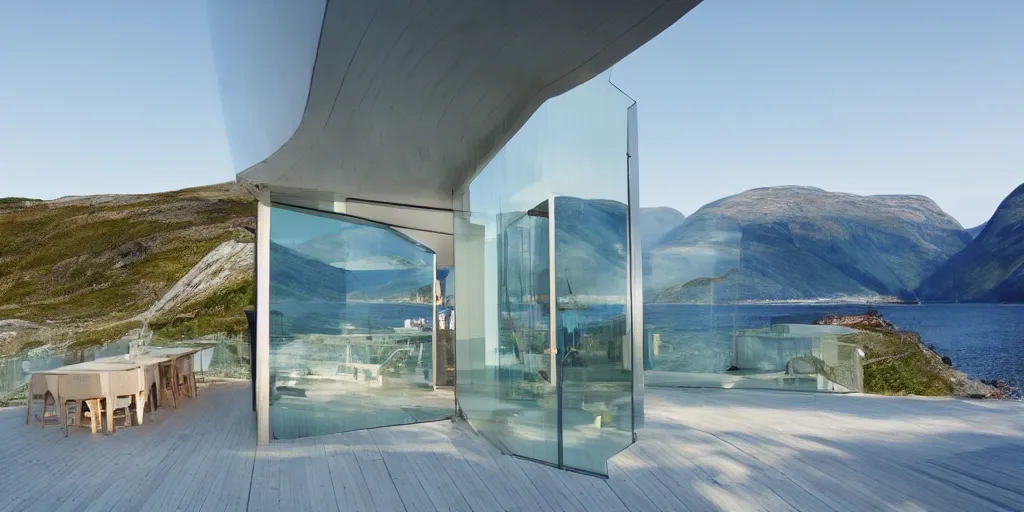 Image similar to modern norwegian fjord beach house designed by norman foster, contemporary architecture, photography