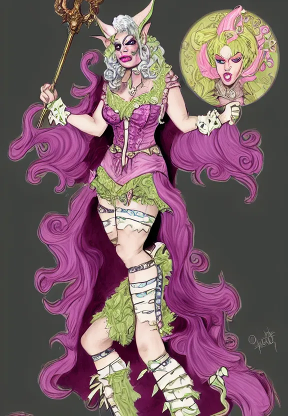 Image similar to d&d character artwork of an orc drag queen who is wearing a very girly prissy frilly rococo ballgown outfit and a huge rococo updo pouf wig, orc with green skin, drag, girly, fabulous, D&D, fantasy artwork, highly detailed, digital painting, artstation, smooth, sharp focus, illustration, art by artgerm and greg rutkowski and alphonse mucha