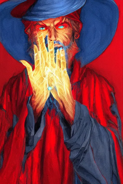 Image similar to A character study of an evil sorcerer with blue energy glowing from his hands, he has a red hat, by, loish, greg rutkwoski, high detail