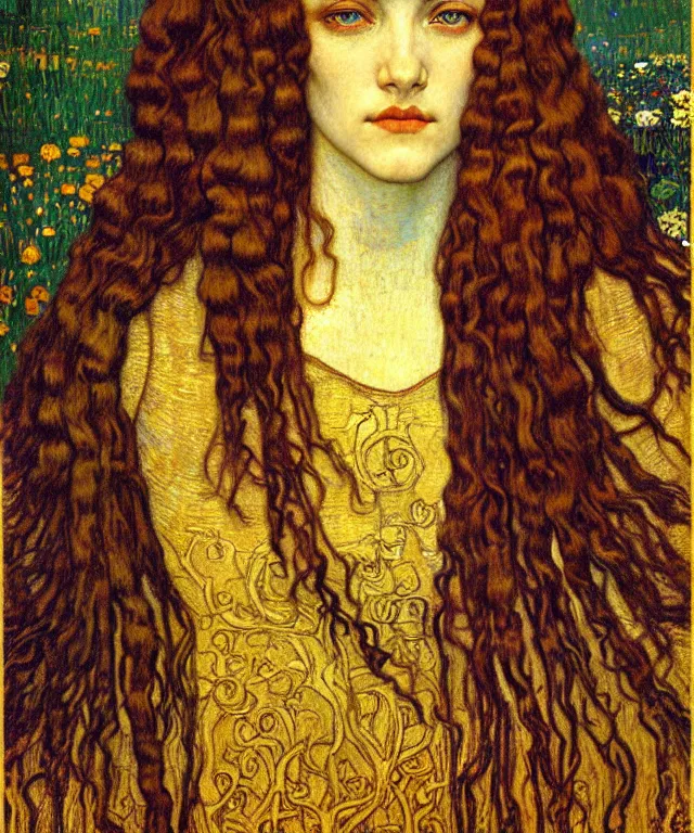 Image similar to detailed realistic beautiful young medieval queen face portrait by jean delville, gustav klimt and vincent van gogh, art nouveau, symbolist, visionary, gothic, pre - raphaelite, muted earthy colors, desaturated