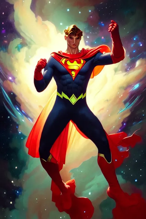 Image similar to a nebula powered male dressed as a superhero. space background, dynamic lighting, clean elegant painting, beautiful detailed face. by artgerm and greg rutkowski and alphonse mucha, 4 k