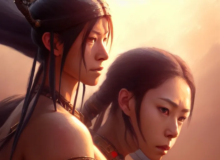 Image similar to a film still portrait of a warrior woman, finely detailed features, closeup at the face, sharp focus, perfect art, at lush forest background, cinematic lighting, intricate, anime!! gapmoe grimdark, artstation, trending on pixiv fanbox, painted by greg rutkowski makoto shinkai takashi takeuchi studio ghibli, akihiko yoshida