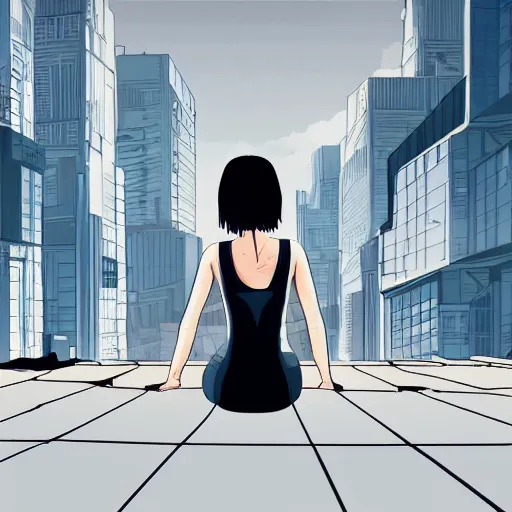 Prompt: young punk woman with short white fringe. grey eyes. Sitting on a rooftop ledge overlooking a cyberpunk city skyline. Album art. In the style of Aeon Flux.