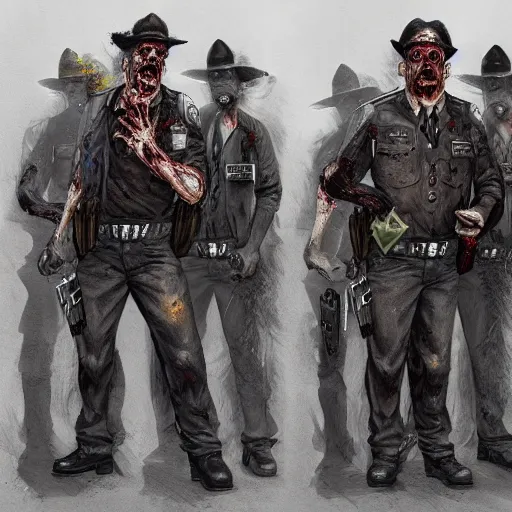 Image similar to zombie sheriffs officers brown uniform and caps in brutalist concrete office trending on artstation high detail digital painting 4 k 8 k hd