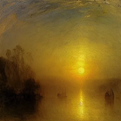 Prompt: sunrise over the river, william turner, english romanticism painter