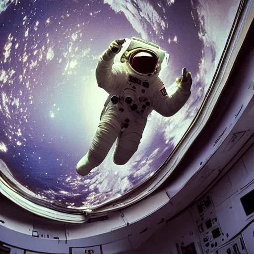 Prompt: astronaut in museum 1 9 9 0 flying arround, painting, rennaisance, cinematic lighting