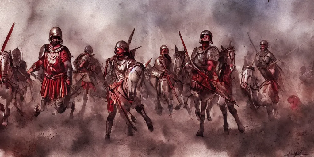 Prompt: the roman army facing an invisible threat, watercolor, soft cinematic light, low fantasy, red tones, 4 k, concept art