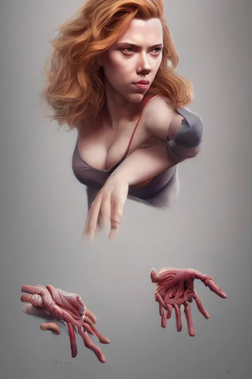 Prompt: Scarlett Johansson super excited, anatomy, only two hands, highly detailed, digital painting, artstation, concept art, smooth, sharp focus, illustration, Unreal Engine 5, 8K, art by art by artgerm and greg rutkowski and edgar maxence