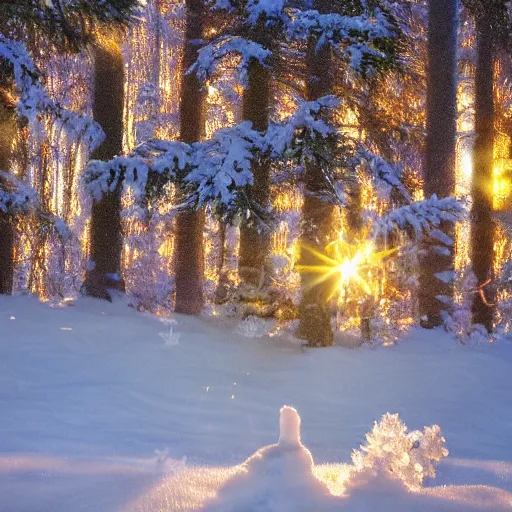 Image similar to snowflake in front of pinetree forrest behind moose, realistic, golden hour, hdr lights