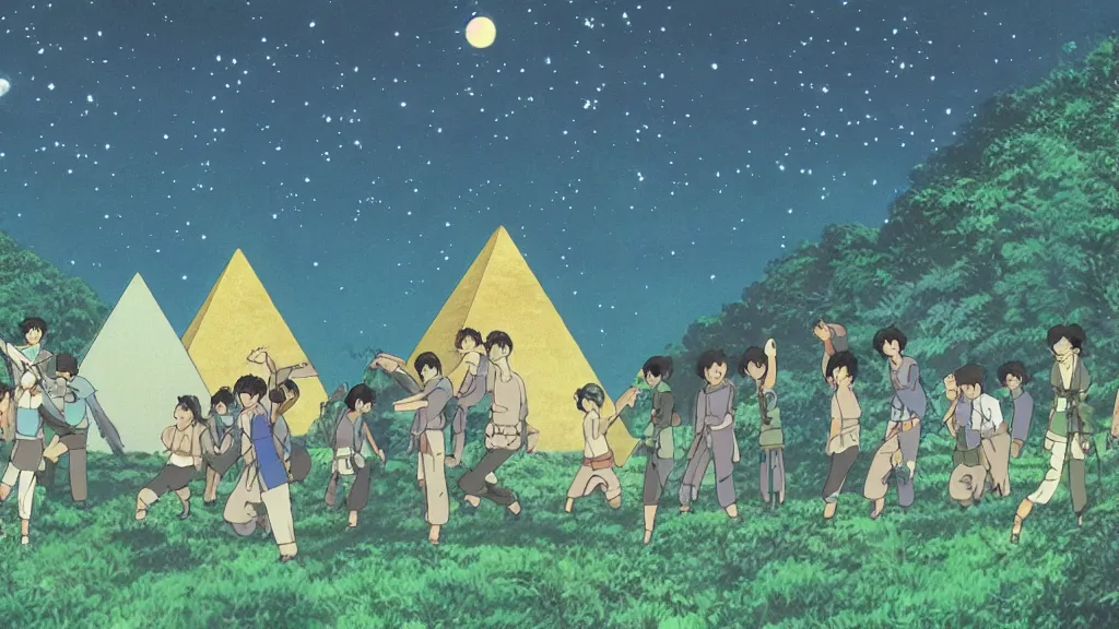 Image similar to a movie still from a studio ghibli film showing a glowing pyramid in the rainforest. a group of heroes train martial arts on a misty starry night. by studio ghibli