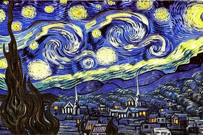 Image similar to man is seeing old god eldritch horror cthulhu terrifying the night sky of a city, epic scene oil painting hyper - detailed gigantic cthulhu, realistic dark - art painted by van gogh