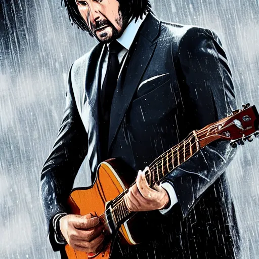 Image similar to john wick playing a guitar!!!, in the rain!!!, photorealistic!!!, realistic, dramatic, cinematic!!!, photography