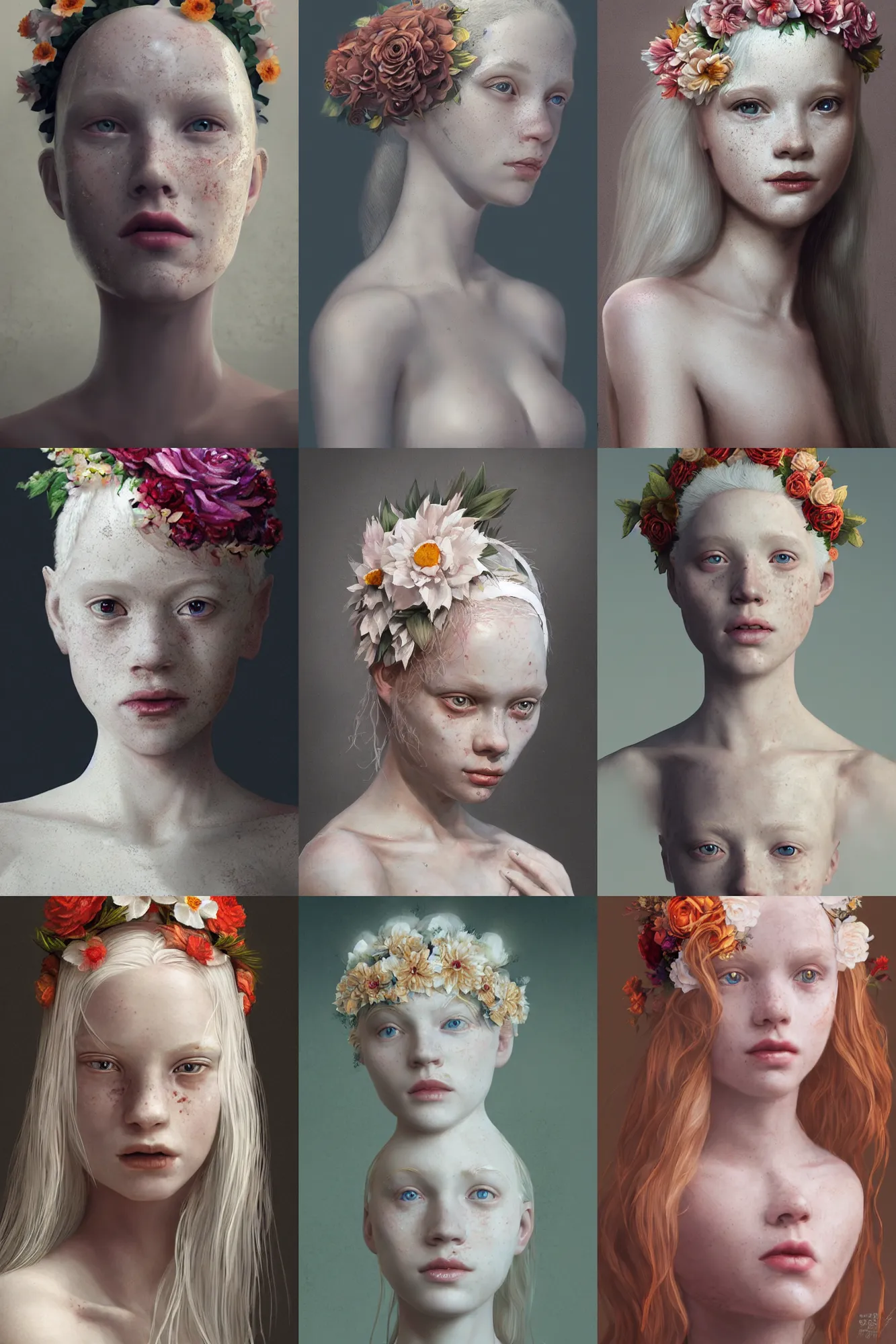 Prompt: A portrait of a beautiful albino girl with freckles, wearing a flower headpiece, porcelain skin, cinematic lighting, photo realistic, highly detailed, 3D, octane render, digital painting, artstation, concept art, sharp focus, illustration, by greg rutkowski