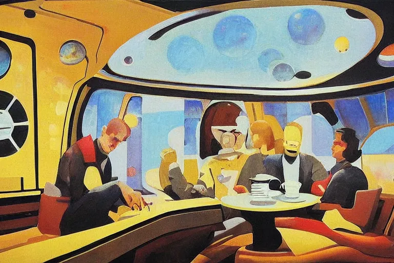 Image similar to coffee shop in a spaceship by robert theodore mccall