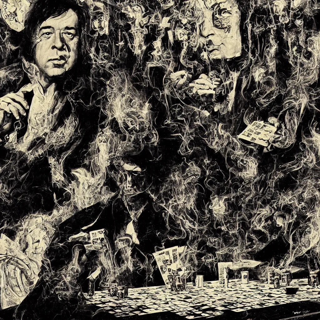 Image similar to portrait of bill hicks playing poker and smoking, in the art style of virgil finlay, paul lehr, frank kelly freas, wayne barlowe, bob pepper, wally wood, moebius, h. r. giger, frank frazetta, richard m. powers. digital art, concept render.