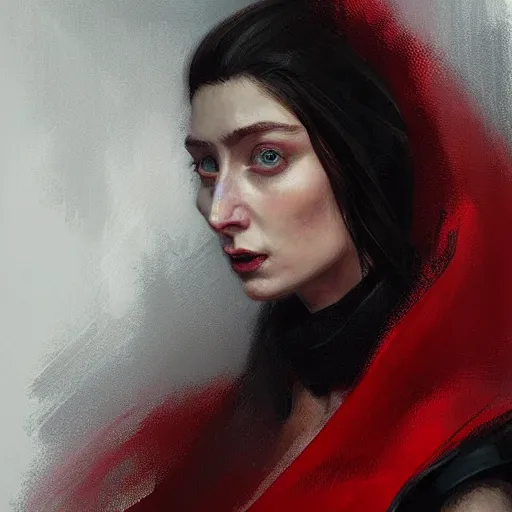 Prompt: portrait of a woman by greg rutkowski, she looks like elizabeth debicki, pale skin with black hair, she is wearing a red and black kevlar gear with a cape, highly detailed portrait, digital painting, artstation, concept art, smooth, sharp foccus ilustration, artstation hq