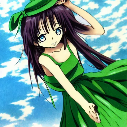 Image similar to anime, girl, green dress, flying, by eiichiro oda