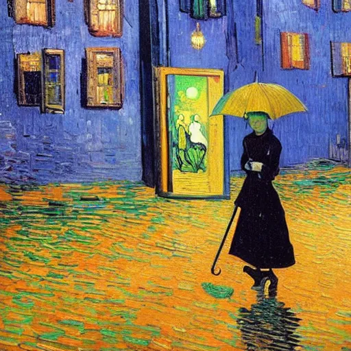 Image similar to girl with an umbrella girl with an umbrella. a walk inside a van gogh painting is a starry night. inside the painting. see everything from the inside. clearly detailed. dramatic.