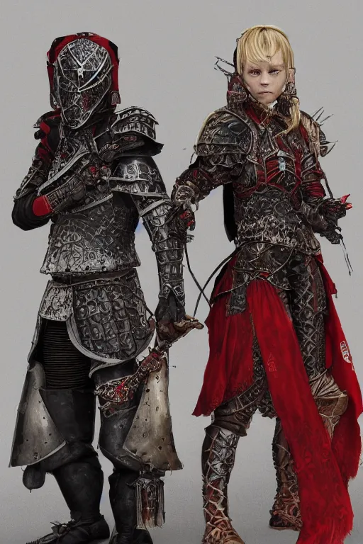 Image similar to Render of Young Olsen twins as a medieval fantasy knight wearing dark steel scale armor and garments, red and blue jewerly ornaments, emerald jewelry, high fantasy, gothic, Sparth style, Final Fantasy style, Tsutomu Nihei style, Emil Melmoth style, Craig Mullins style, Shinkawa style, centered image, golden hour, soft lighting aesthetic, volumetric lighting,