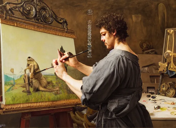 Image similar to a painter in his studio painting a picture of pepe the frog, by edgar maxence and caravaggio and michael whelan and delacroix style, artistic, intricate drawing, cinematic lighting, hyper realistic, extremely detailed, establishing shot, 8 k resolution, dramatic lighting