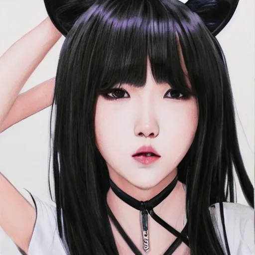 Image similar to realistic detailed semirealism beautiful gorgeous cute Blackpink Lalisa Manoban wearing white tight t-shirt, black hair black cat ears, black leather choker, proportional body, WLOP, Aztodio, Taejune Kim, sakimichan, ArtGerm, Pixiv, Instagram, Artstation