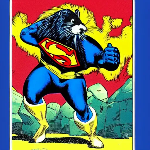 Image similar to a skunk that is blue and is also giant and a super hero by richard corben style