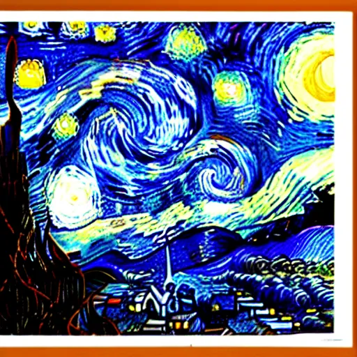 Image similar to Starry night vii poster but the black is white and the dark blue is light, deep detailed