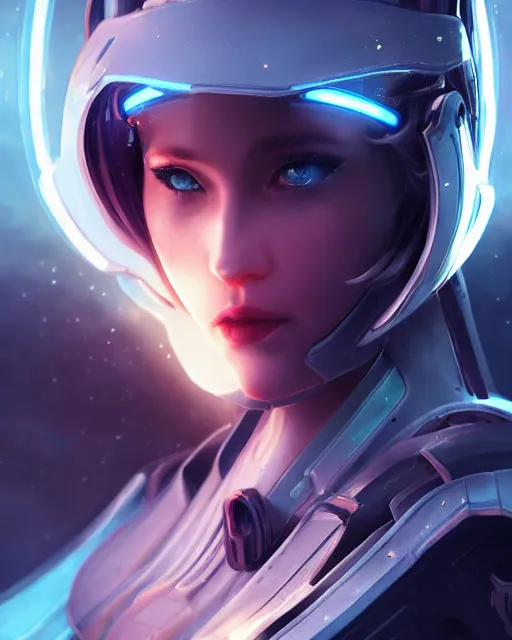 Image similar to perfect android girl on a mothership, warframe armor, beautiful face, scifi, futuristic, galaxy, nebula, raytracing, dreamy, long white hair, blue cyborg eyes, sharp focus, cinematic lighting, highly detailed, artstation, divine, by gauthier leblanc, kazuya takahashi, huifeng huang