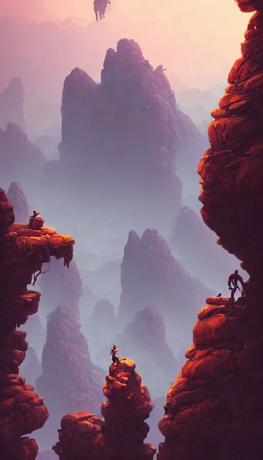 Image similar to rock climbers climbing a rock, an epic fantasy, dramatic lighting, cinematic, extremely high detail, photorealistic, cinematic lighting, matte painting, artstation, by simon stalenhag, horizon forbidden west