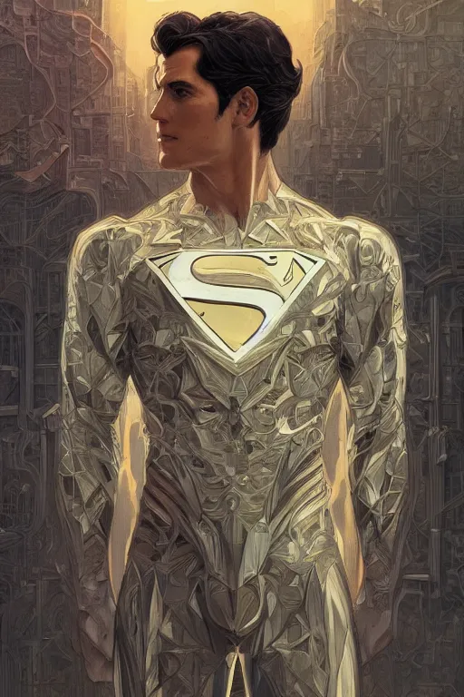 Prompt: portrait of superman, urban center, thinker pose, full body, powerful, fantasy, intricate, elegant, highly detailed, digital painting, artstation, concept art, sharp focus, illustration, art by artgerm and greg rutkowski and alphonse mucha