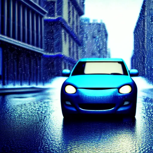 Image similar to blue car, street, rain, sun. super realistic 8 k render of a dark hooded powerful elegant, cinematic composition