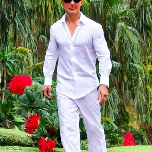 Prompt: tom cruise wearing traditional Bali dress