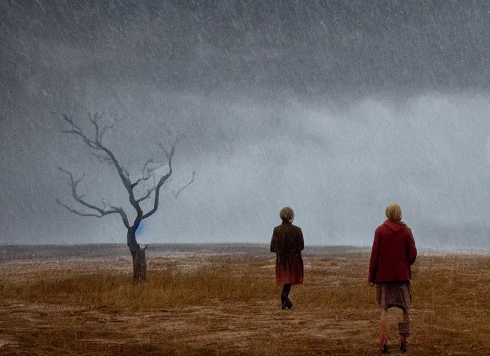 Image similar to A very high resolution image from a new movie, landscape, raining, hot, directed by wes anderson