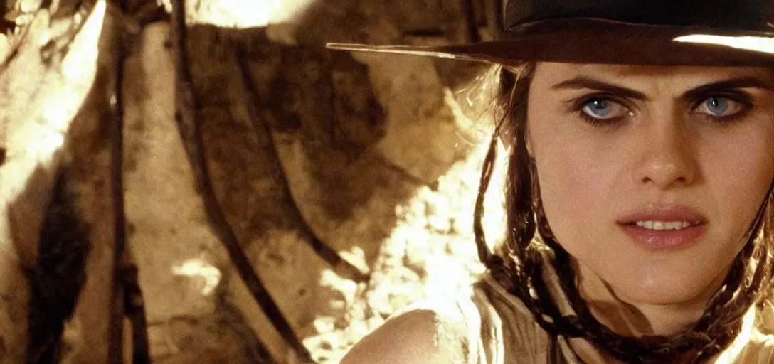 Prompt: still of alexandra daddario as indiana jones in raiders of the lost ark ( 1 9 8 1 )