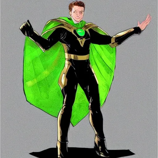 Prompt: realistic mcu full body concept art for a sci fi superhero in green and black armor with a long golden cape with green energy coming from his hands